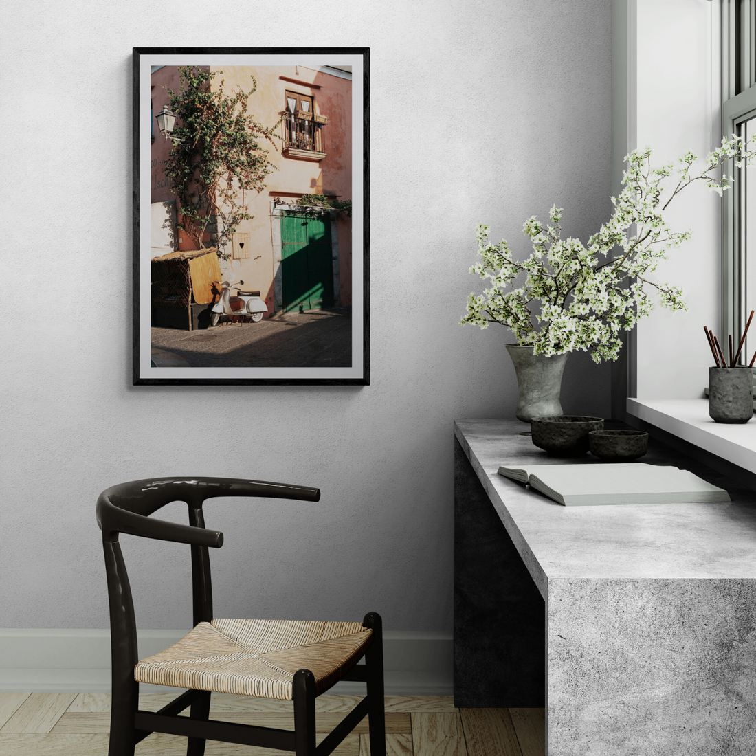 La Casa Ischia Italian Mediterranean decor wall art framed print styled in a room view 2