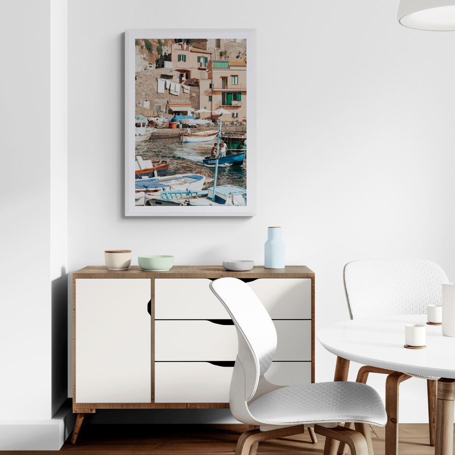 Coastal Carousel Sorrento Italian coastal wall art framed print styled in a room view 3