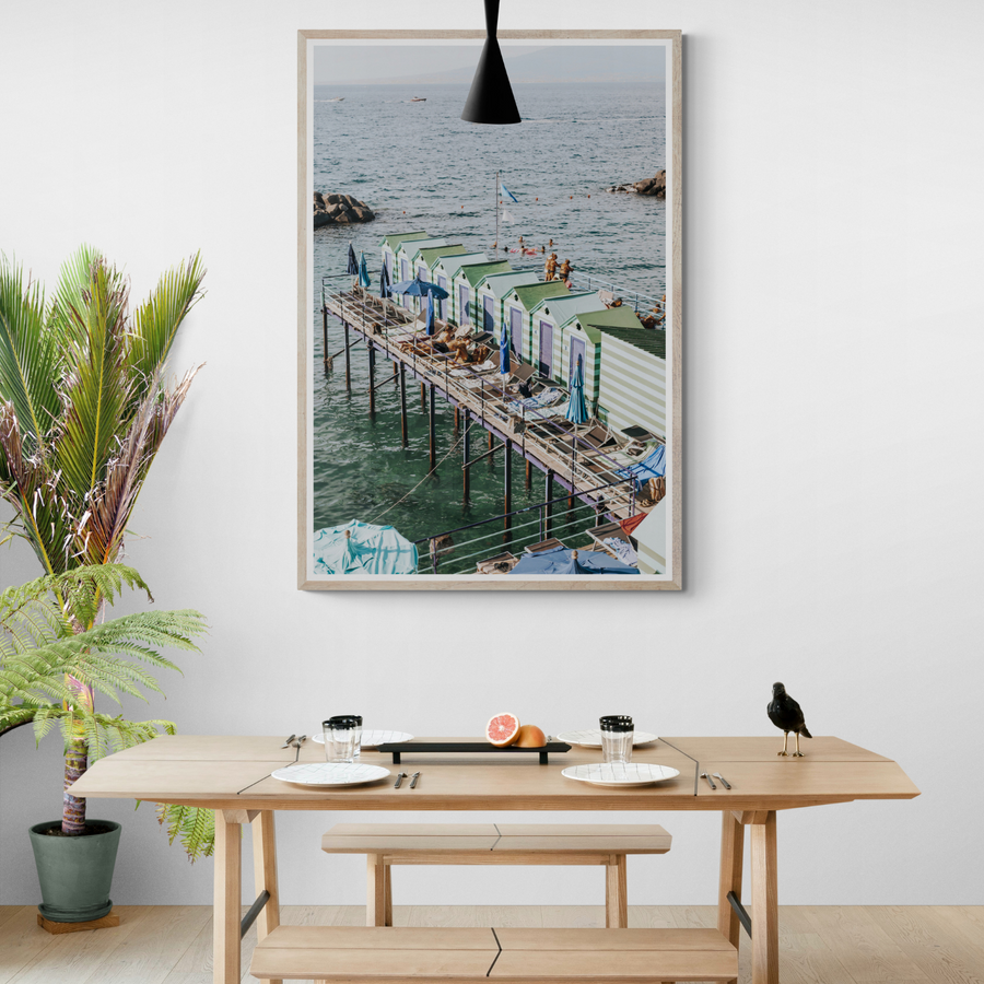 Cabine da Spiaggia Sorrento Italian beach wall art framed print styled in a room view 3