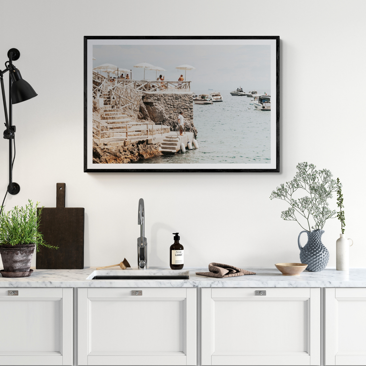 Conca Del Sogno Nerano Amalfi Coast Italian wall art framed print styled in a room