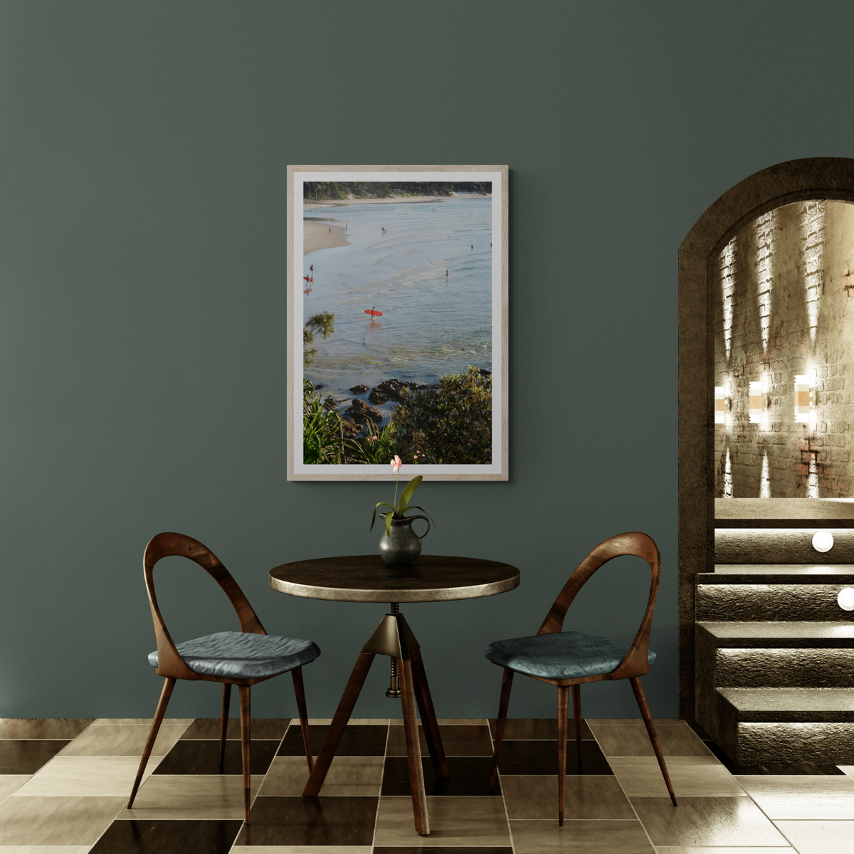 Seclusion Byron Bay Surf coastal wall art framed print styled in a room view 2