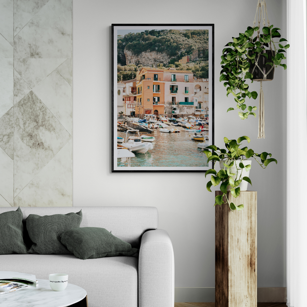 Boatyard Bliss Sorrento coastal Italian wall art framed print styled in a room