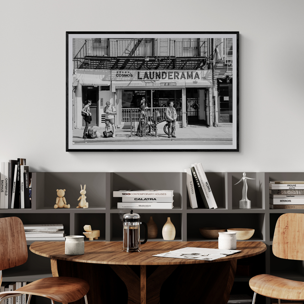 Launderama New York NYC Black & White wall art framed print styled in a room view 3