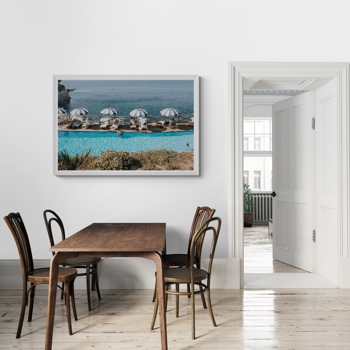 Hues Of Blues Ischia Mediterranean wall art framed print styled in a room view 3