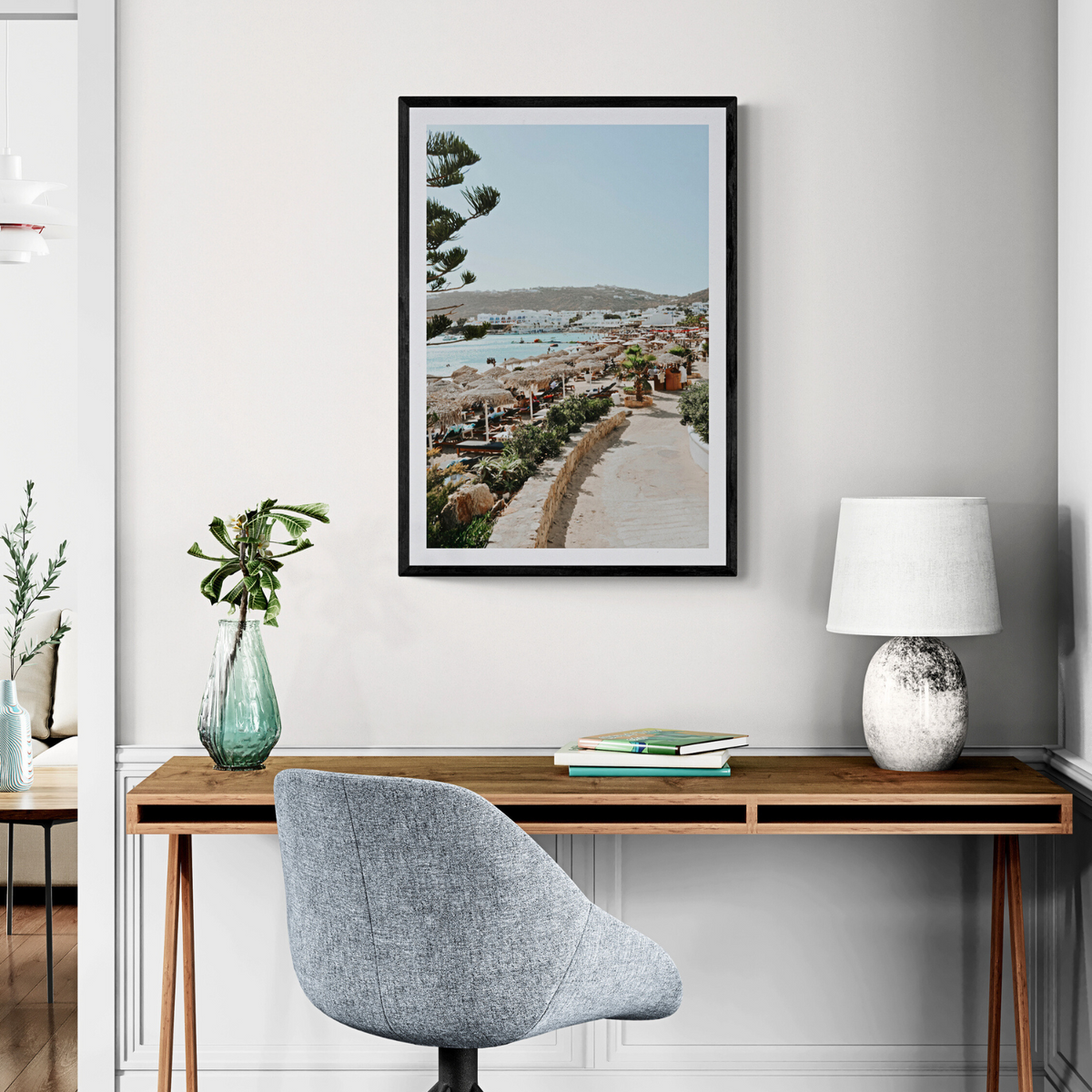 All Roads Lead To The Beach Mykonos Greek island wall art framed print styled in a room view 3