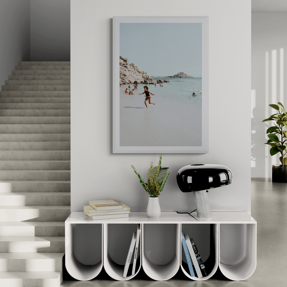 Skipping Angel Mykonos Greek island decor wall art framed print styled in a room view 2