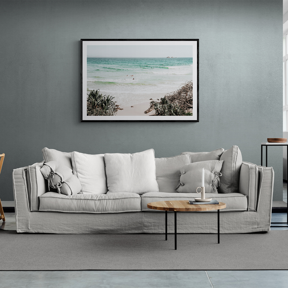 Surf City Byron Bay Surf coastal wall art framed print styled in a room view 2