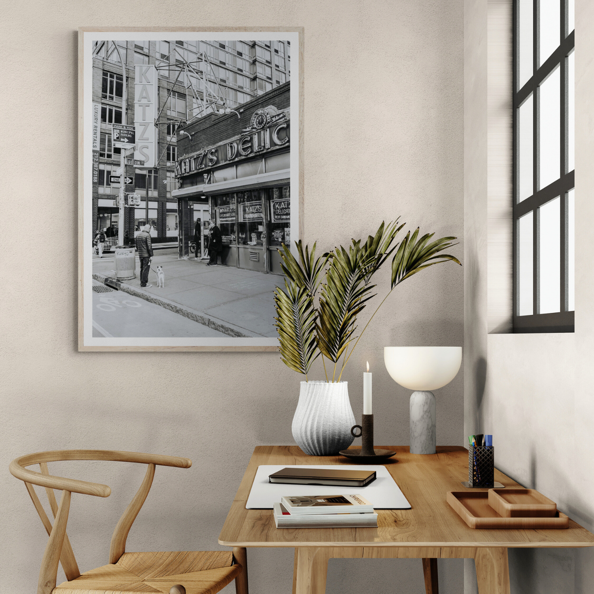 Graphite Gotham New York NYC Black & White wall art framed print styled in a room view 3