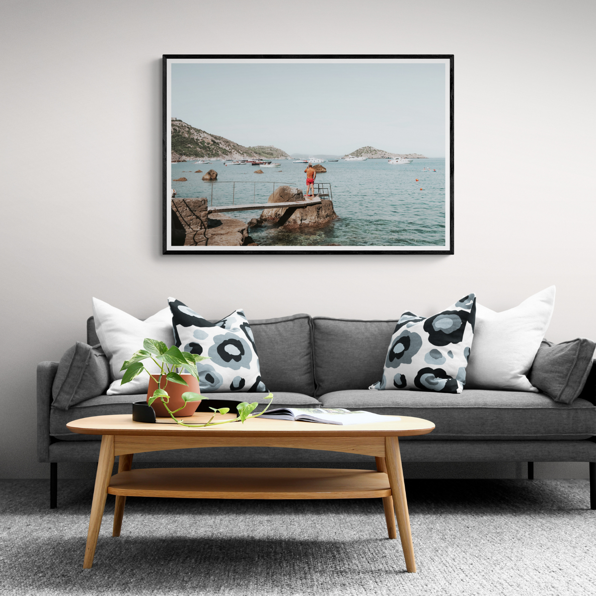 Out Of Office Tuscany coastal Italian wall art framed print styled in a room