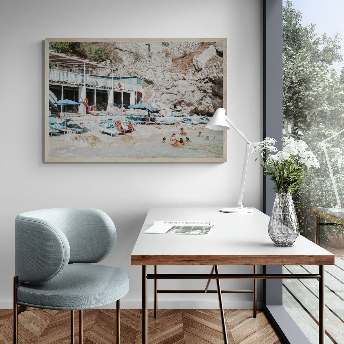 Beachside Bronze Capri Italian coastal wall art framed print styled in a room