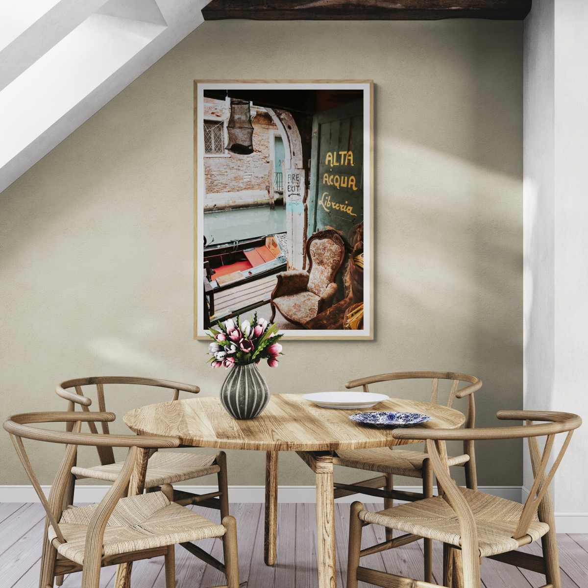 Alta Acqua Venice Bookstore wall art framed print styled in a room