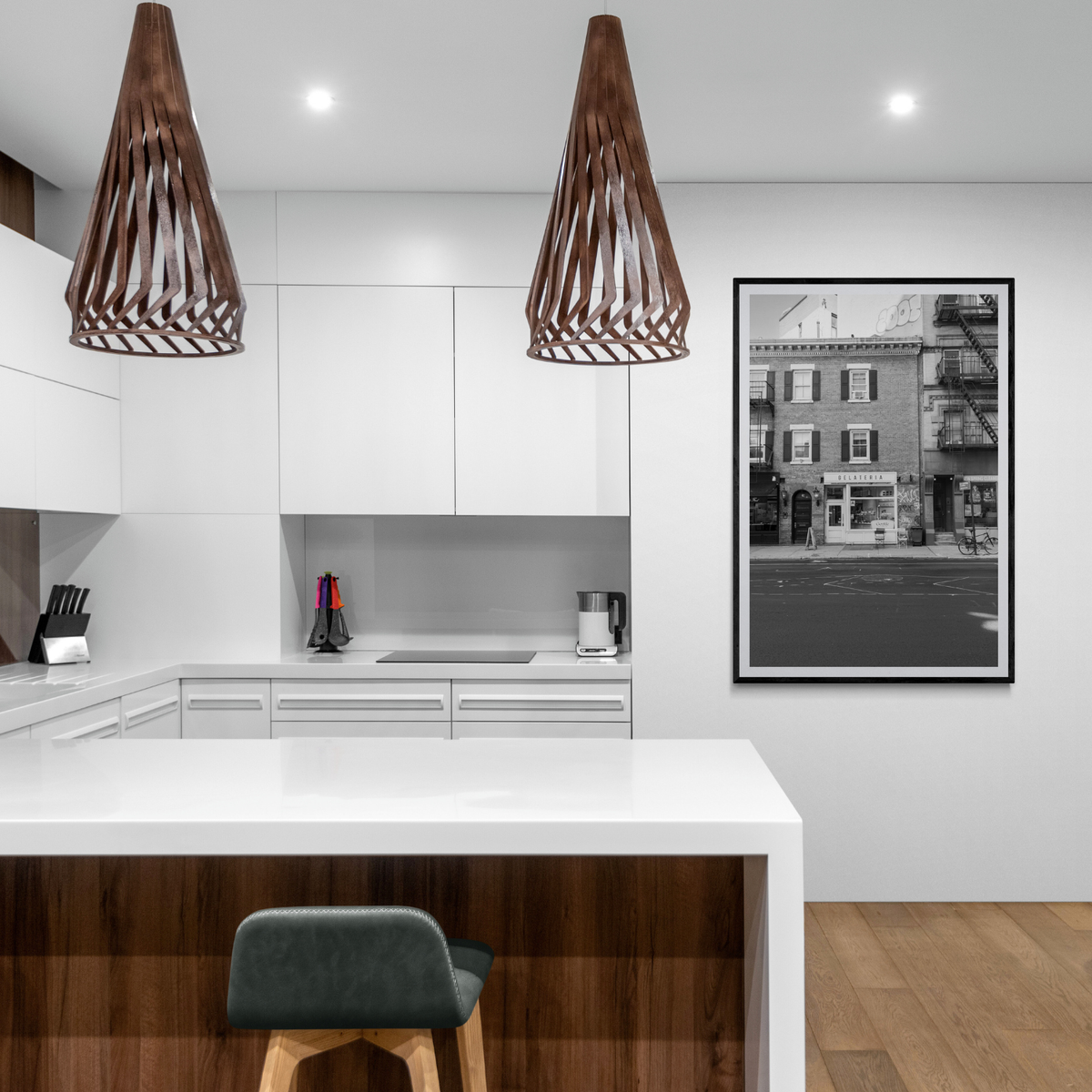 Gelateria New York NYC Black & White wall art framed print styled in a room view 3