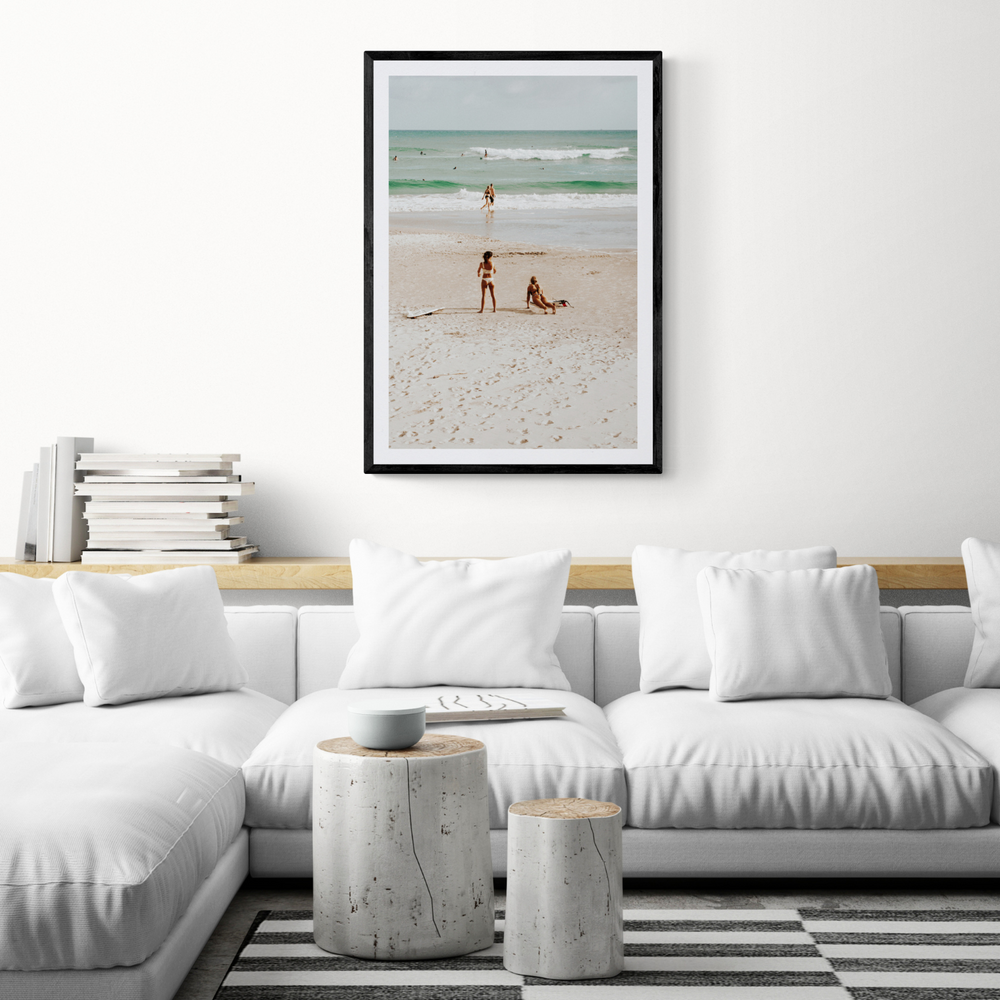 Gidget & Betty Byron Bay beach coastal wall art framed print styled in a room view 2