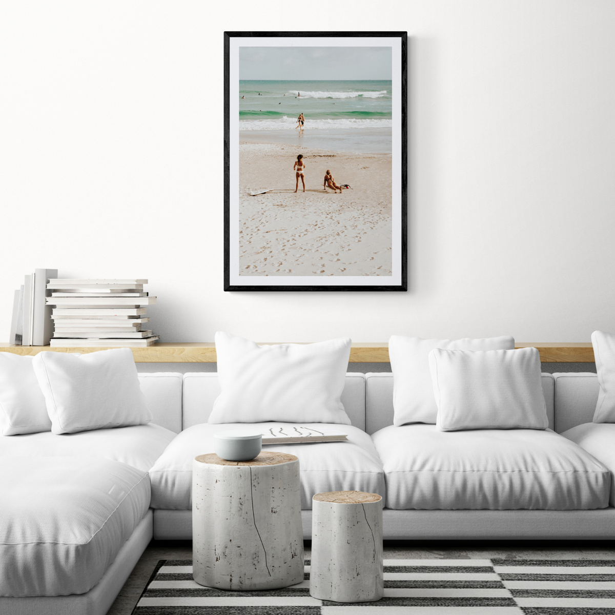 Gidget & Betty Byron Bay beach coastal wall art framed print styled in a room view 2