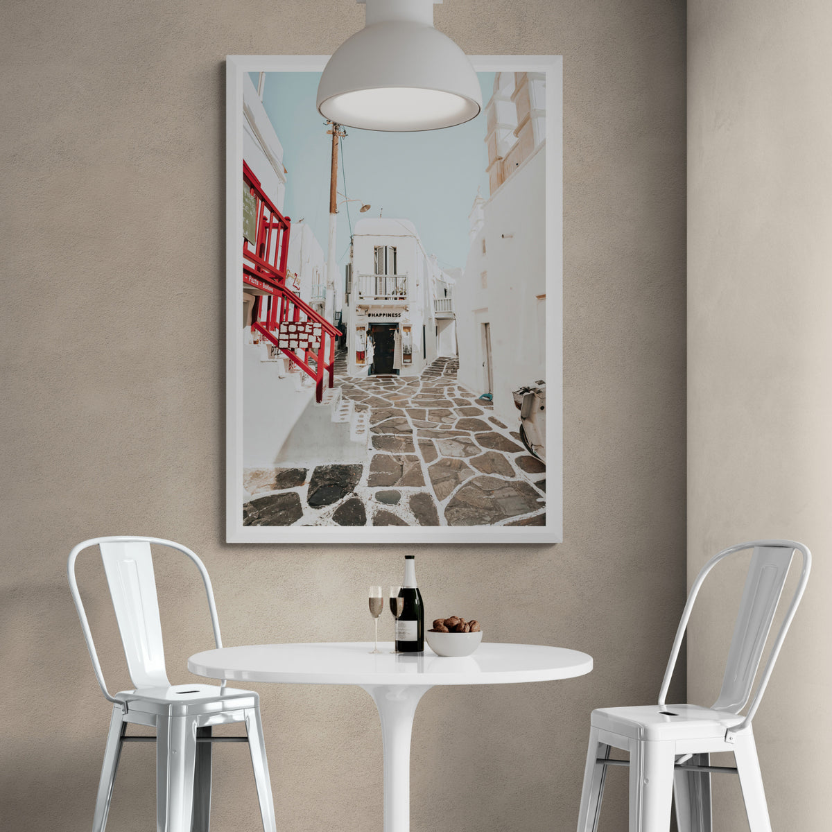 Happiness framed wall art print styled in a hospitality setting