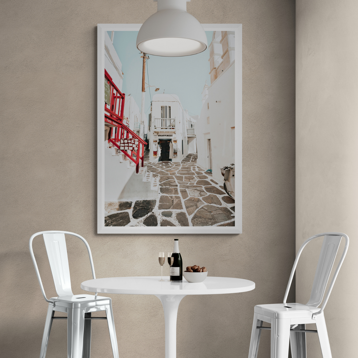 Happiness Mykonos Greek island wall art framed print styled in a room