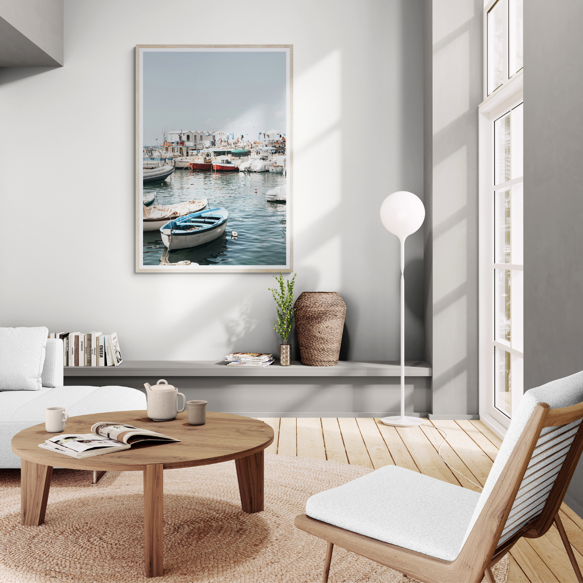 Harbour Hues Sorrento coastal Carousel wall art framed print styled in a room view 3
