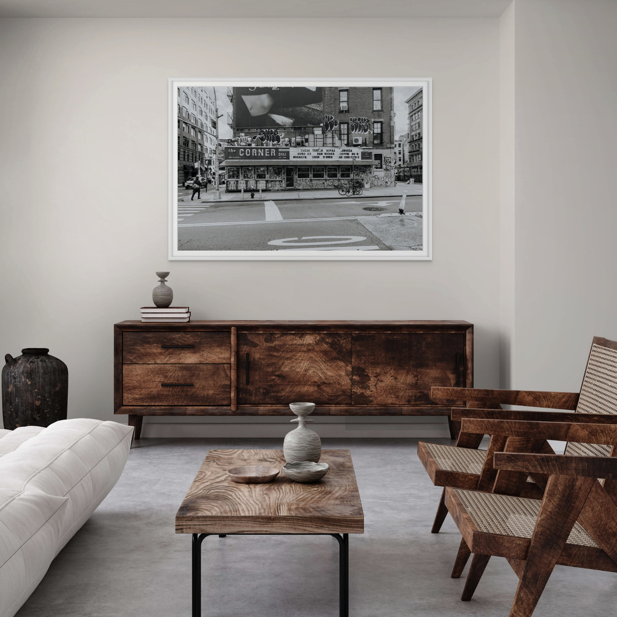 Kenmare Street New York NYC Black & White wall art framed print styled in a room view 3