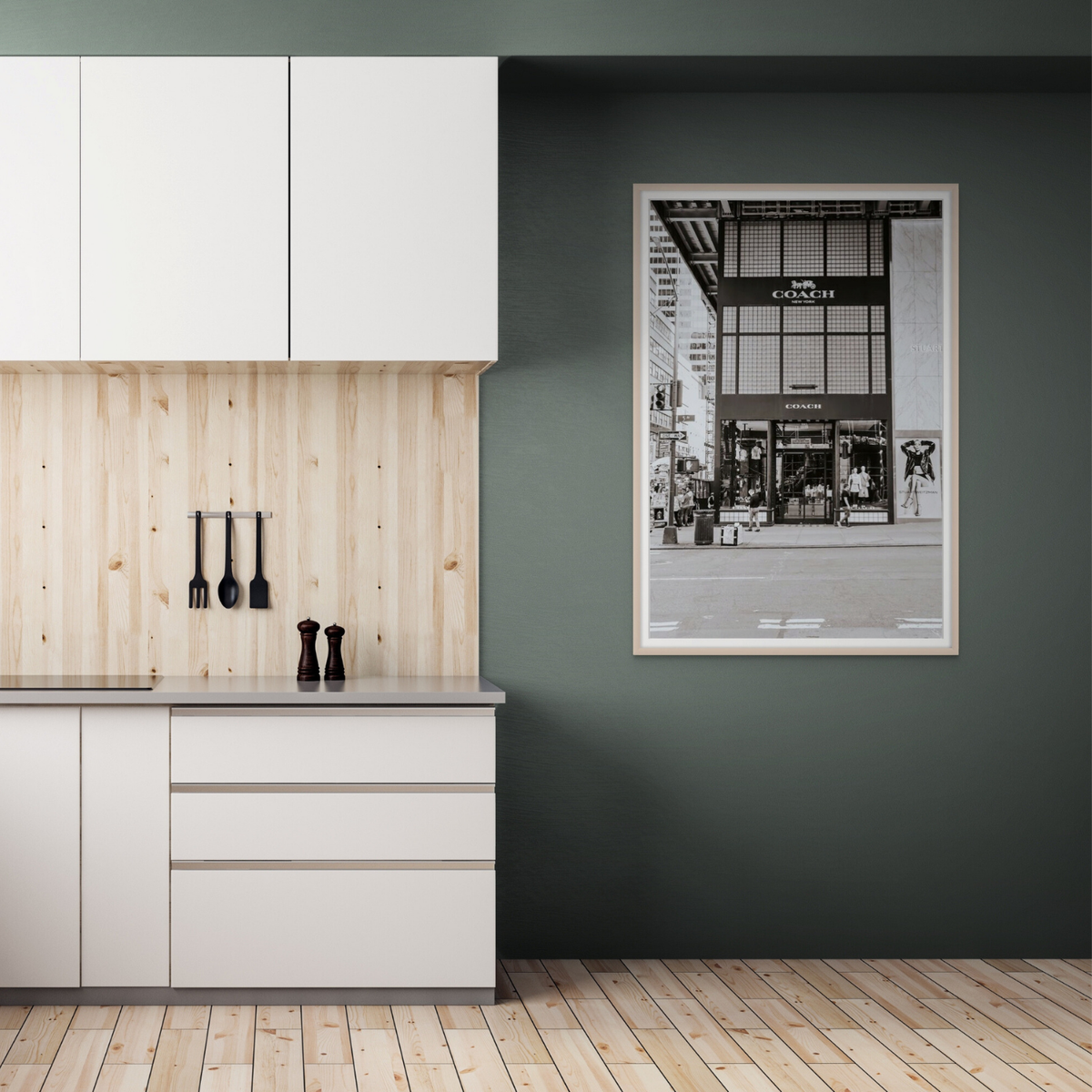 Coach Uptown New York NYC Black & White wall art framed print styled in a room view 3