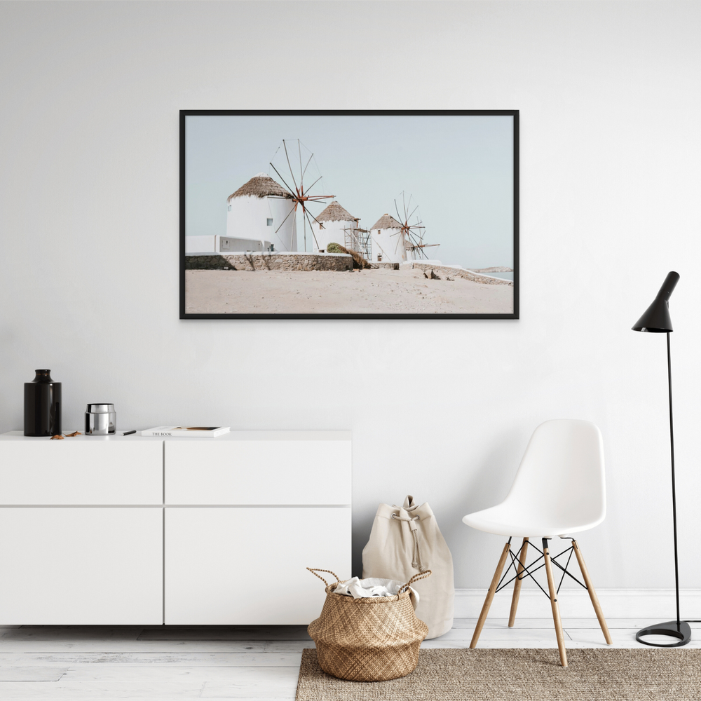 Rustic Icons Mykonos Greek island wall art framed print styled in a room view 3
