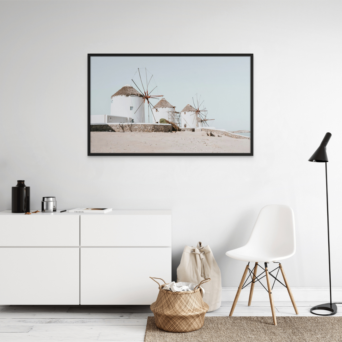 Rustic Icons Mykonos Greek island wall art framed print styled in a room view 3