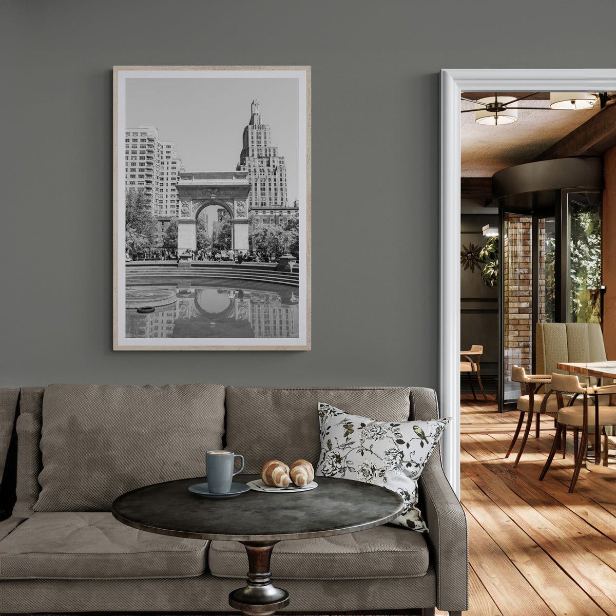 Washington Skyline framed wall art print styled in a hospitality setting
