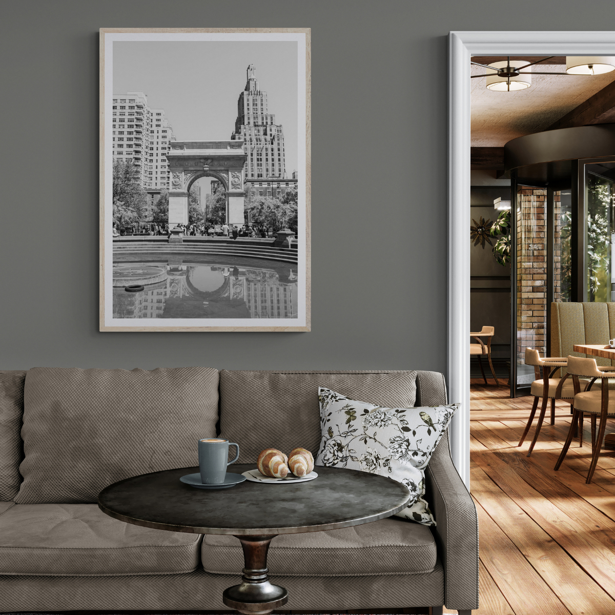 Washington Skyline New York NYC Black & White wall art framed print styled in a room view 3