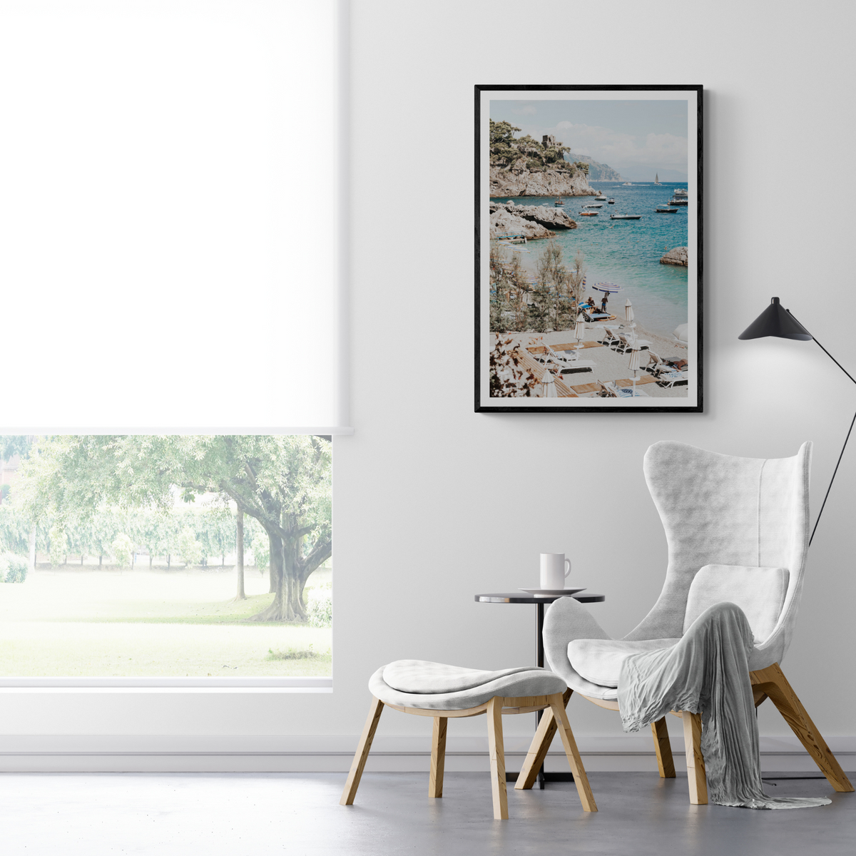 Sizzling Summer Days Amalfi coastal wall art framed print styled in a room