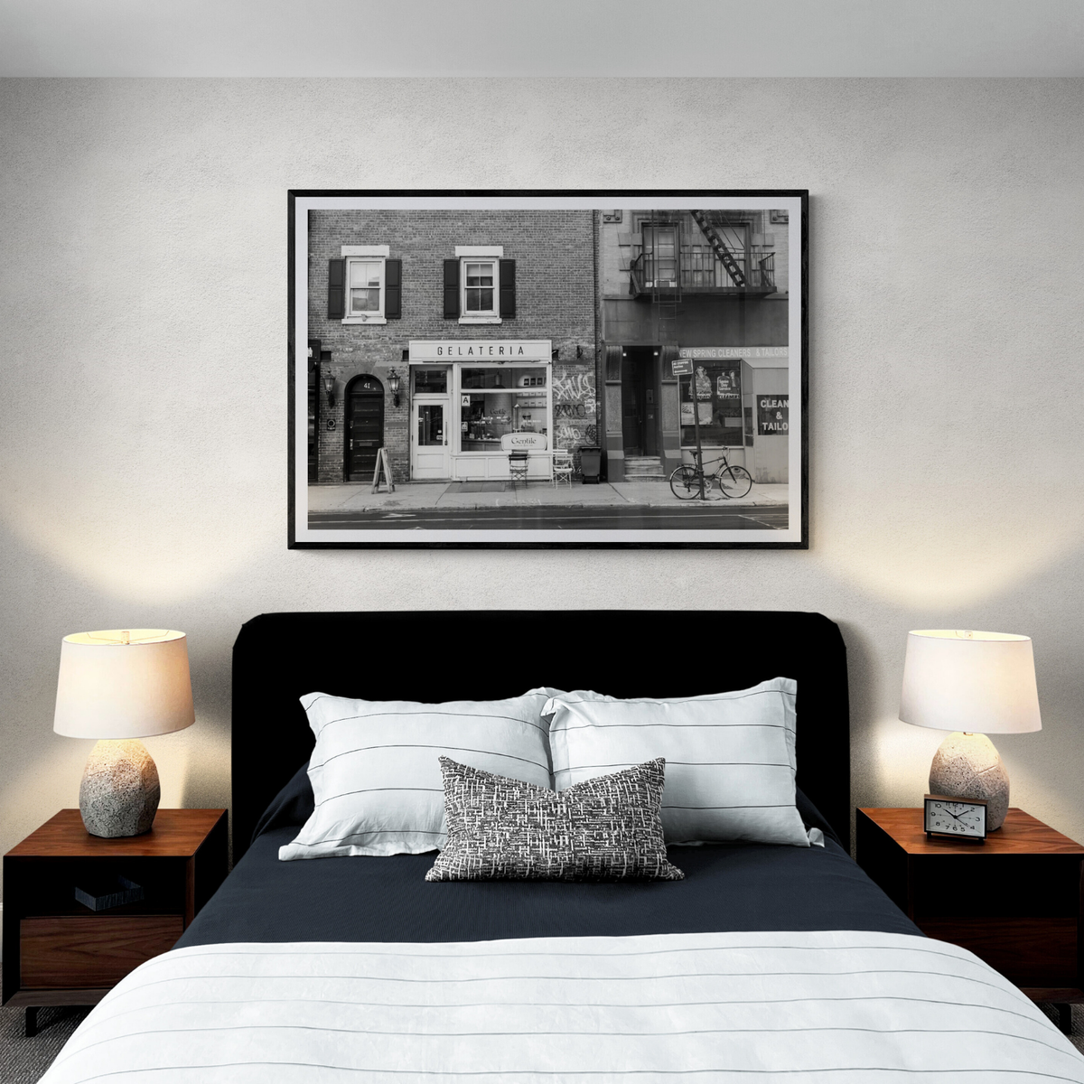 West Village Dolcezza New York NYC Black & White wall art framed print styled in a room view 3