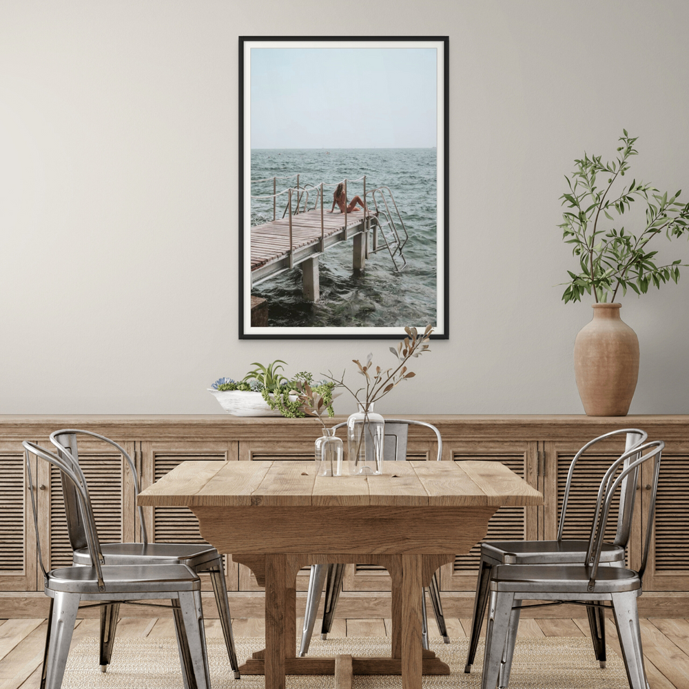The Dock's Whisper Tuscany coastal art print framed print styled in a room view 3