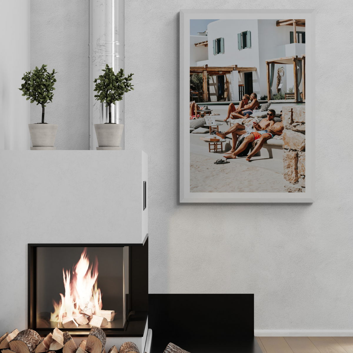 Style That Sizzles Mykonos Greek island wall art framed print styled in a room view 2