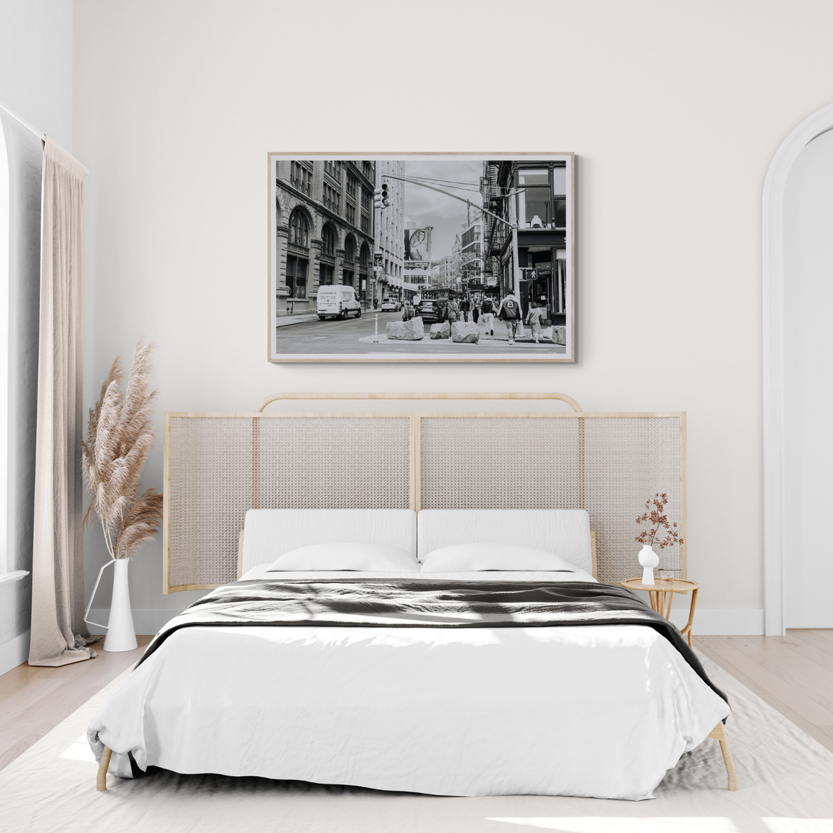 Inkwell Metropolis framed wall art print styled in a bedroom interior