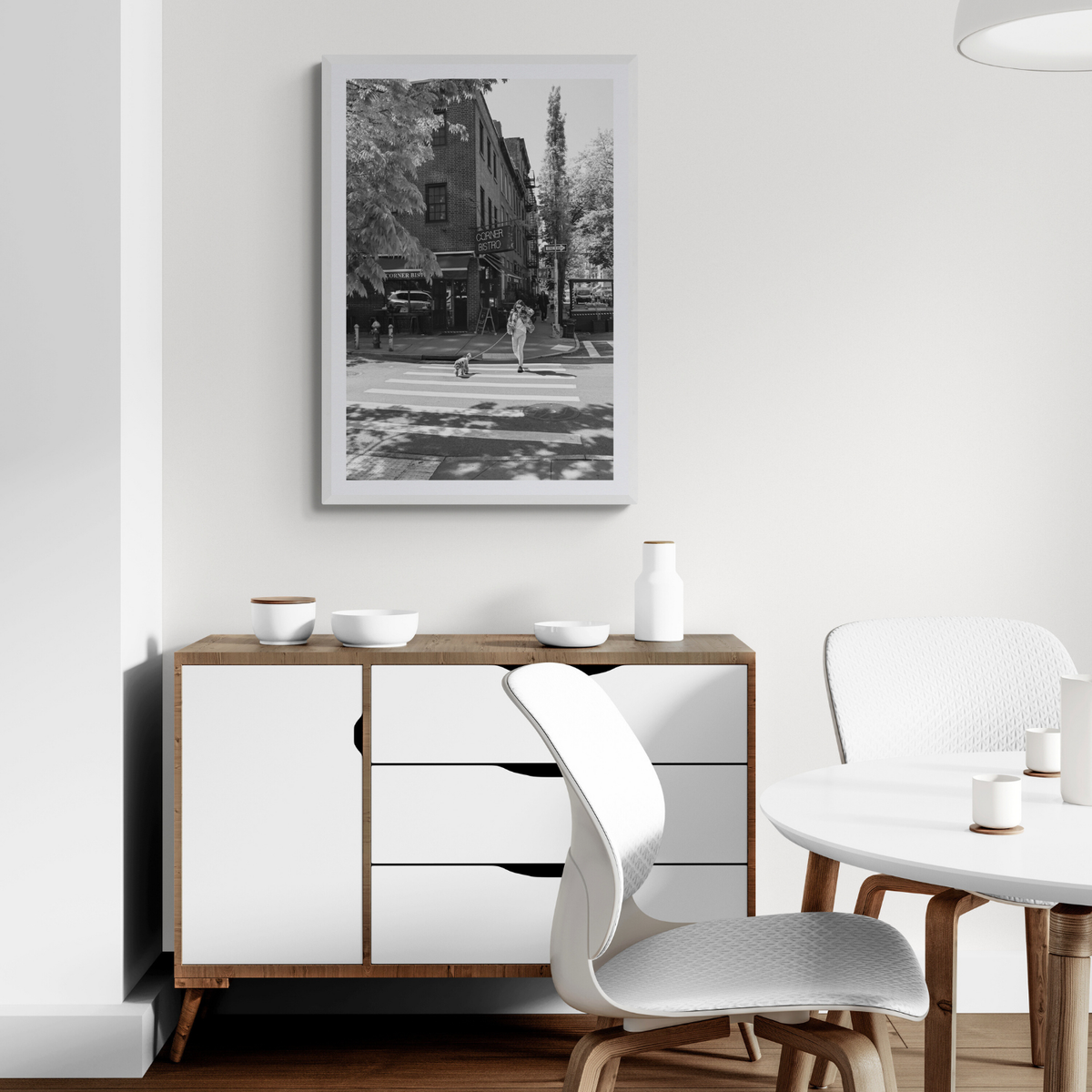 Sunlit Stroll New York NYC Black & White wall art framed print styled in a room