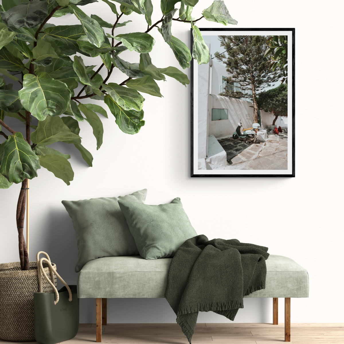The Getaway Mykonos Mediterranean Greek island art print framed print styled in a room view 2