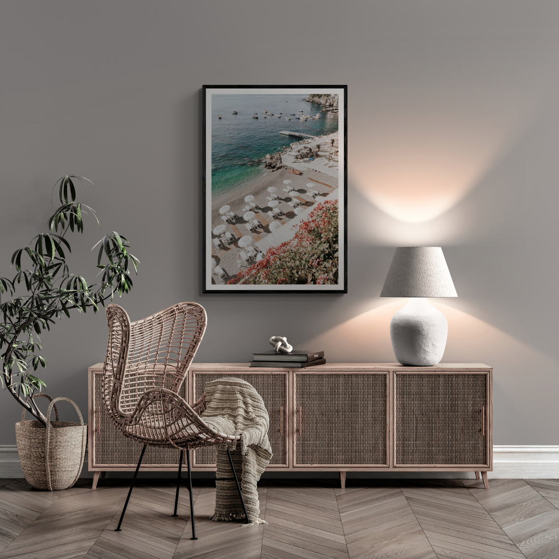 Tranquil Oasis Amalfi coastal wall art framed print styled in a room