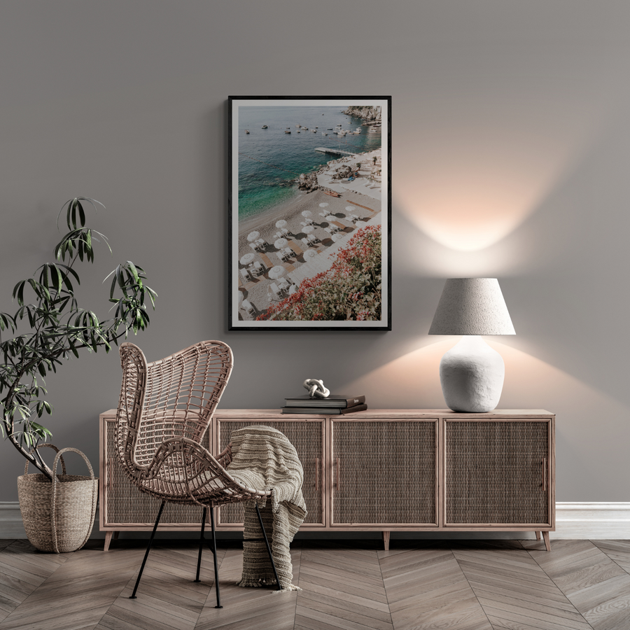 Tranquil Oasis Amalfi coastal wall art framed print styled in a room
