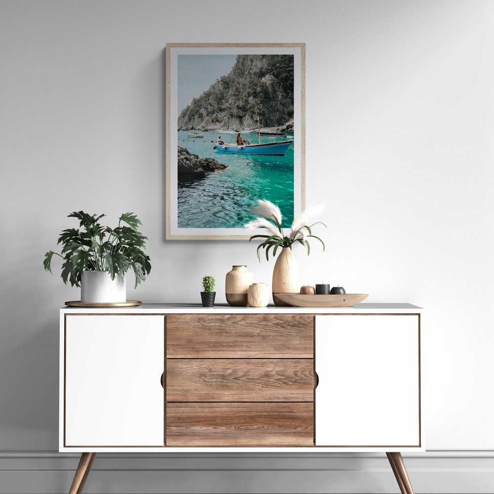 Emerald Escape Capri Italian coastal wall art framed print styled in a room view 3
