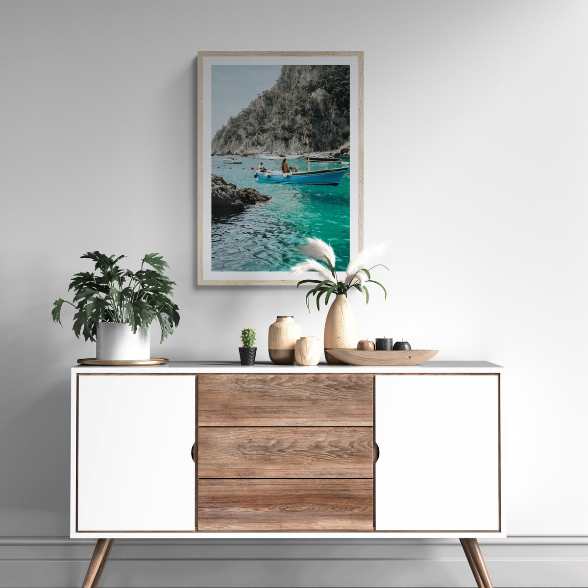 Emerald Escape Capri Italian coastal wall art framed print styled in a room view 3