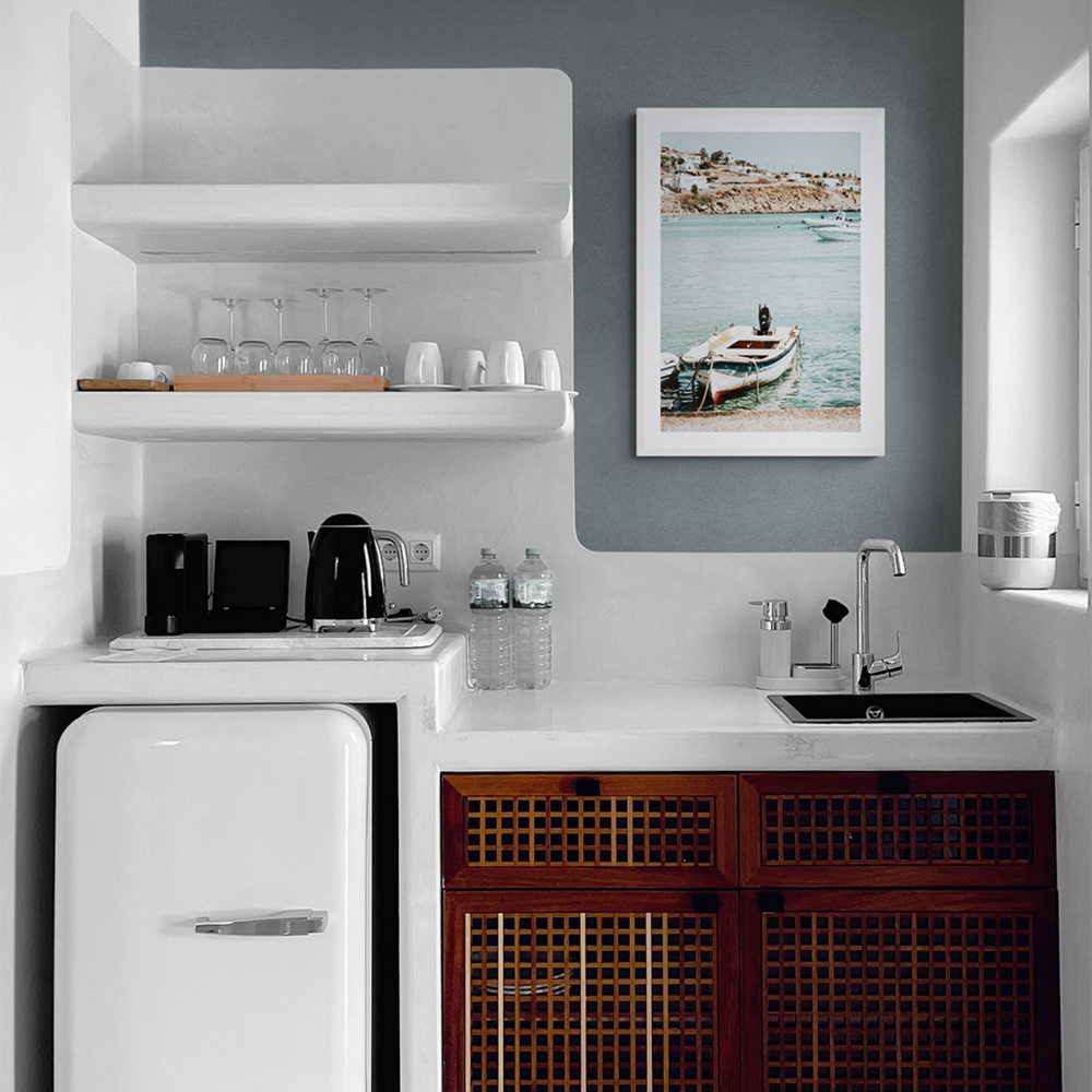 Classic Wheels Mykonos Greek island wall art framed print styled in a room view 3