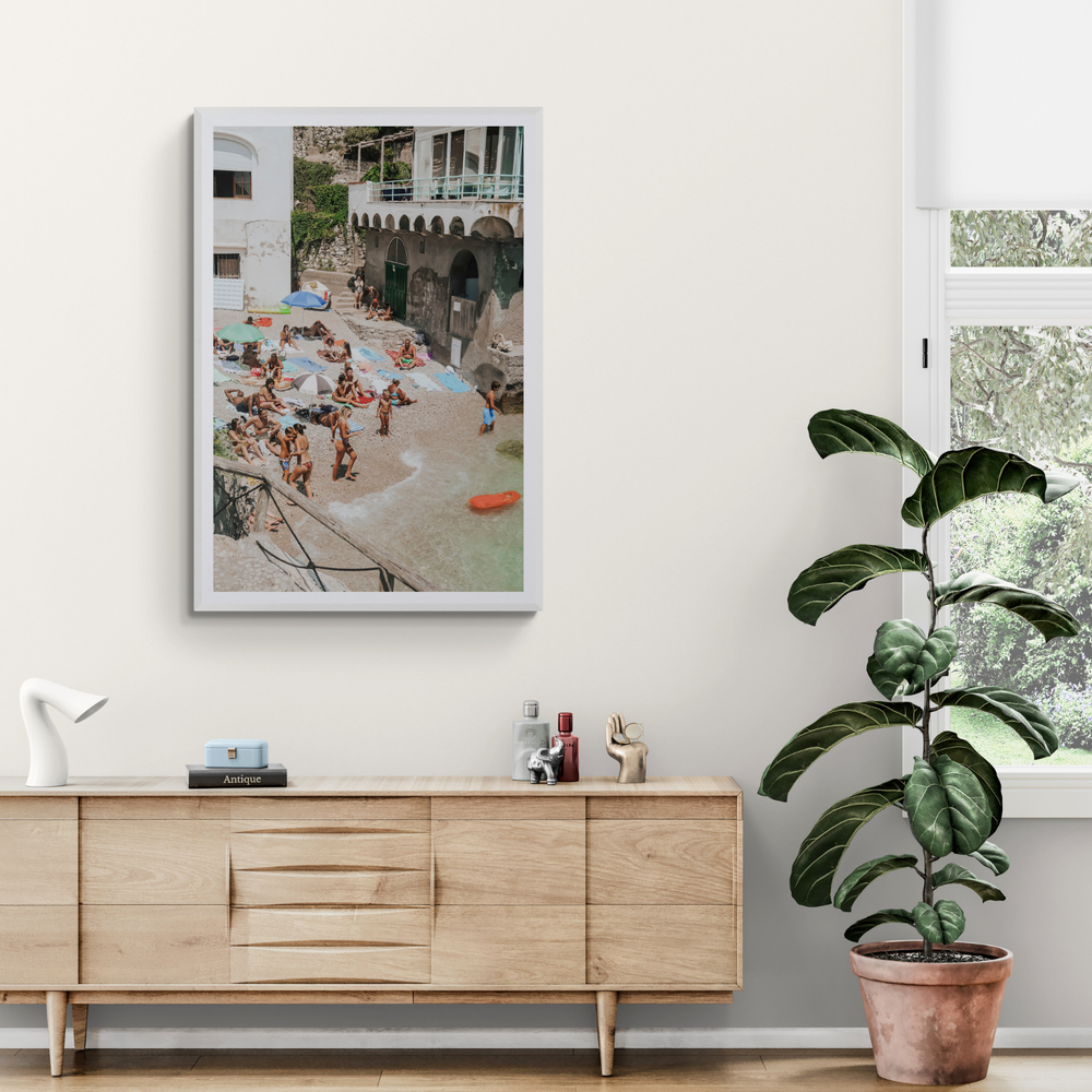 The Sunbathers Oasis Capri beach wall art framed print styled in a room view 3