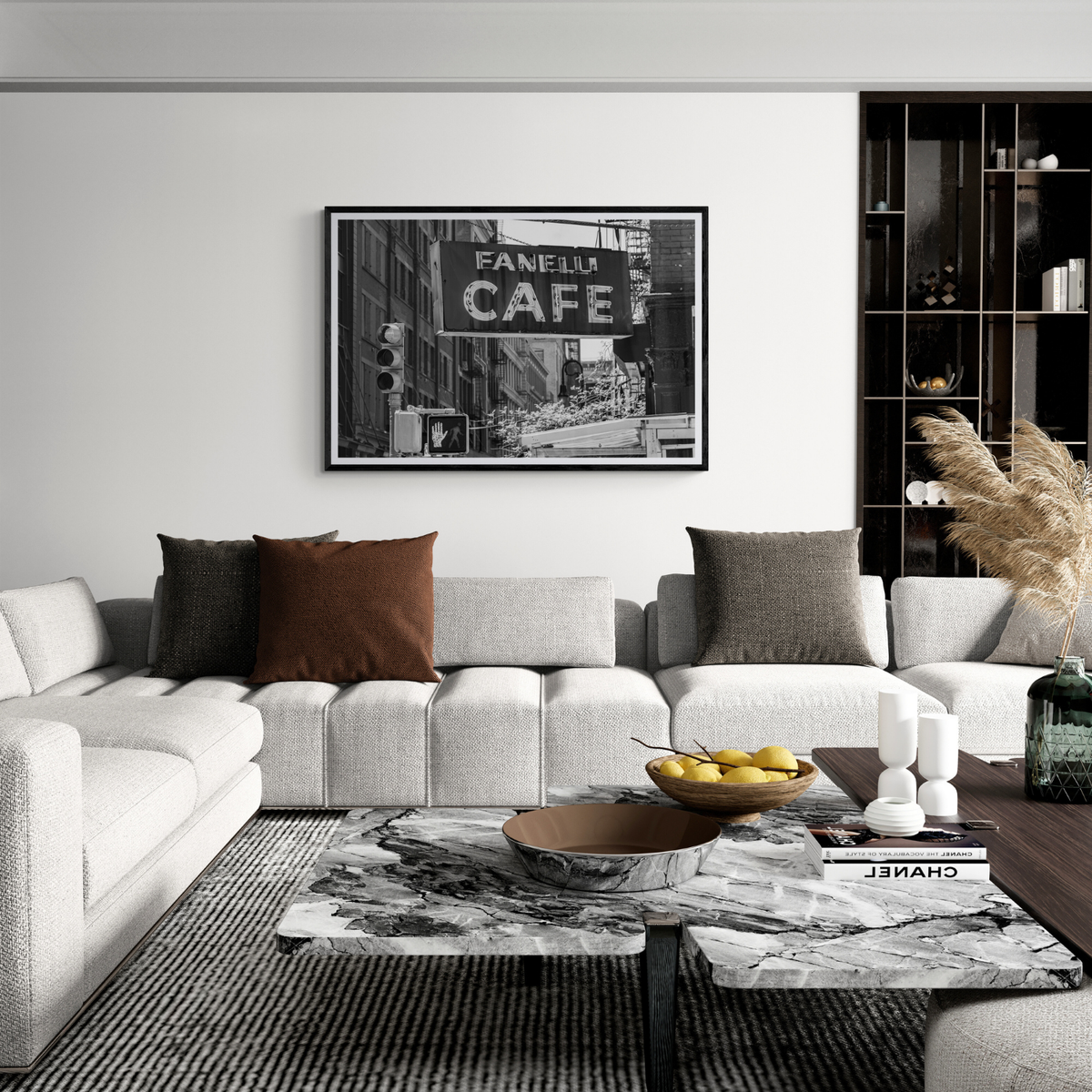 Soho Neon New York NYC Black & White wall art framed print styled in a room view 3
