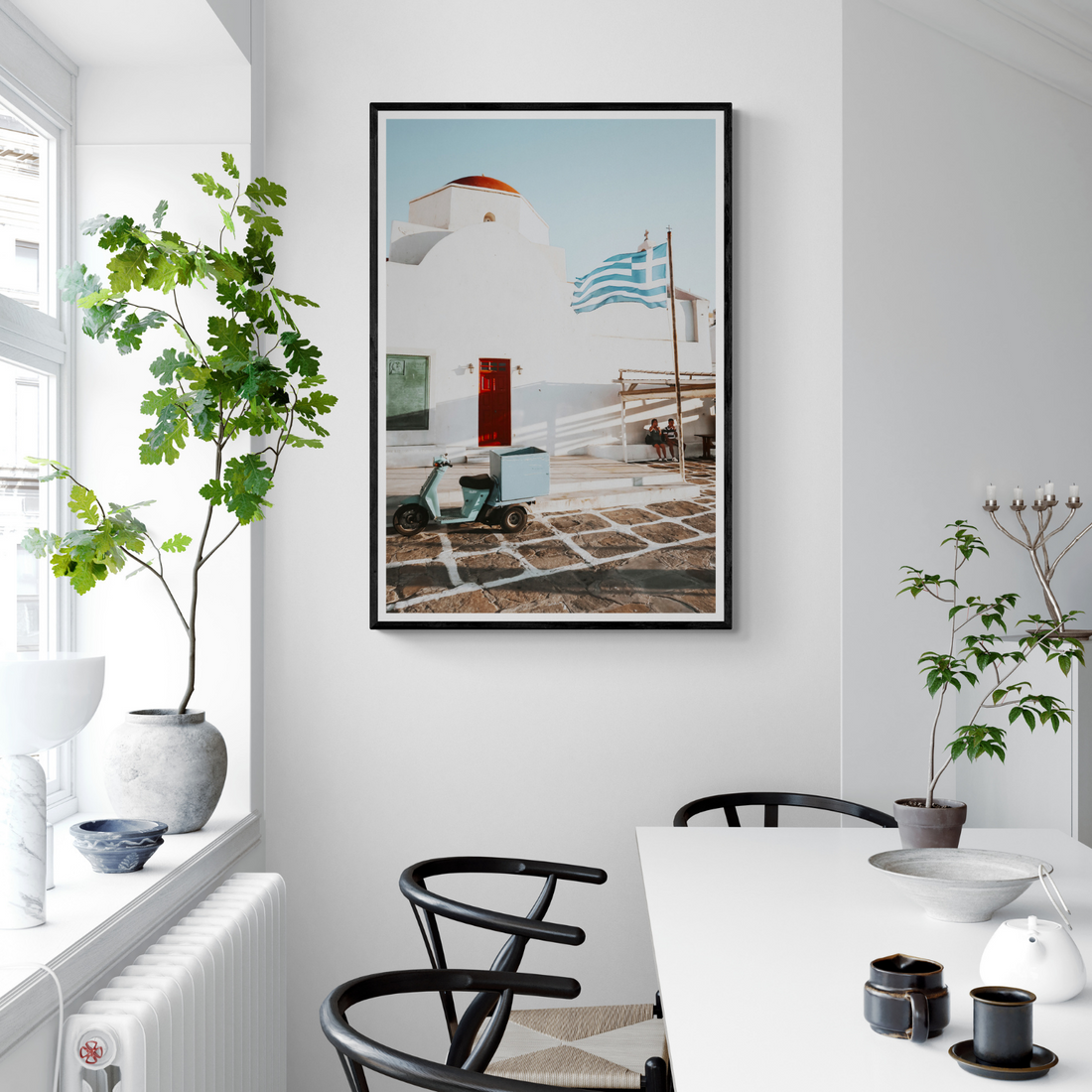 Mykonos Postcard Mykonos Greek island wall art framed print styled in a room view 2
