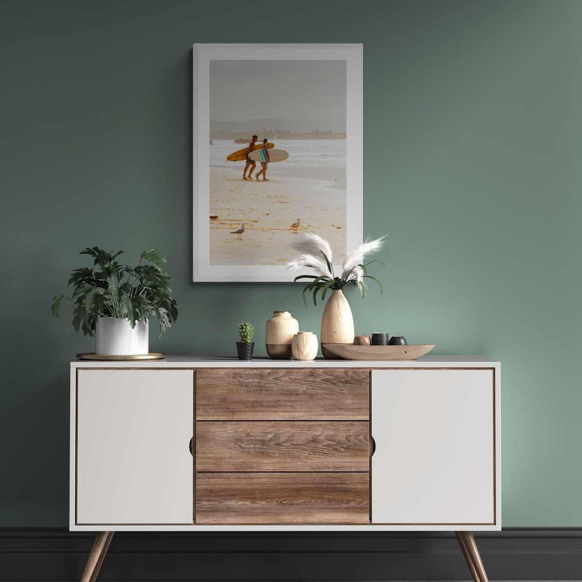Shane & Benji Byron Bay Surf coastal wall art framed print styled in a room