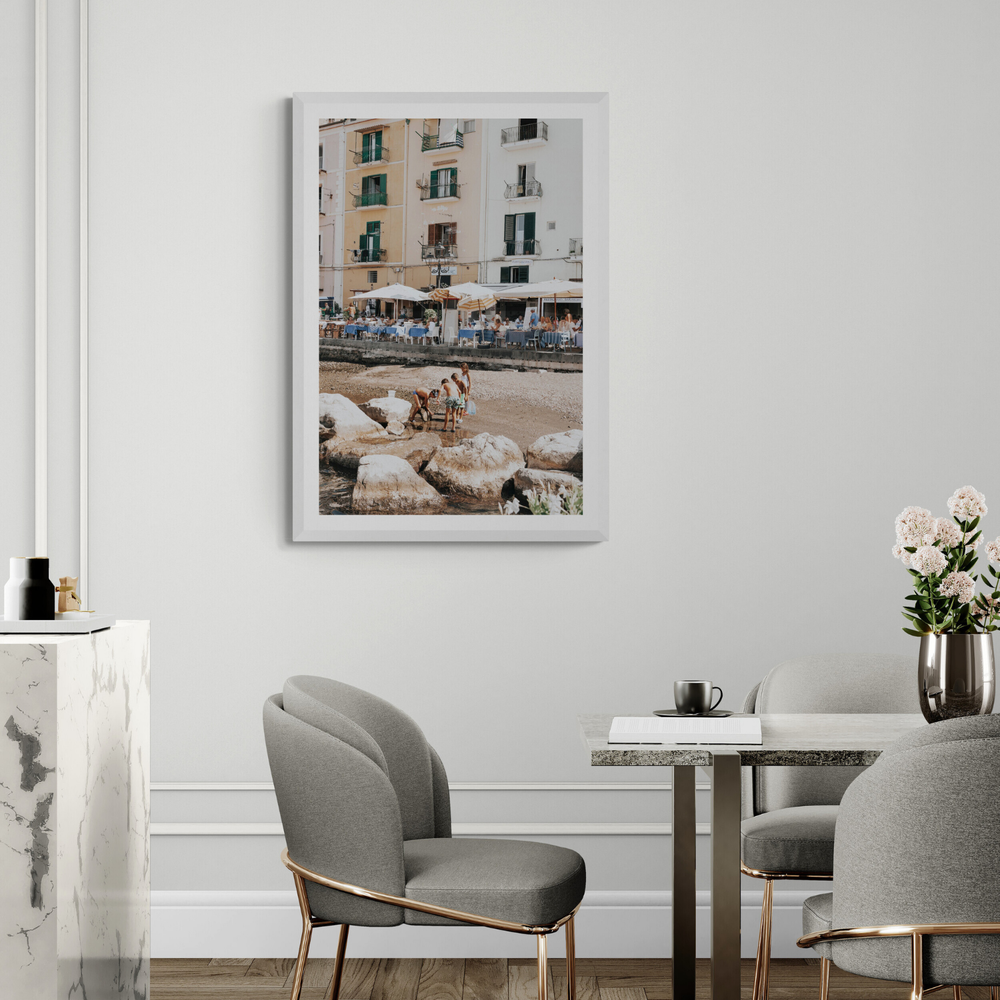 Sunny Playtime Sorrento coastal wall art framed print styled in a room view 3