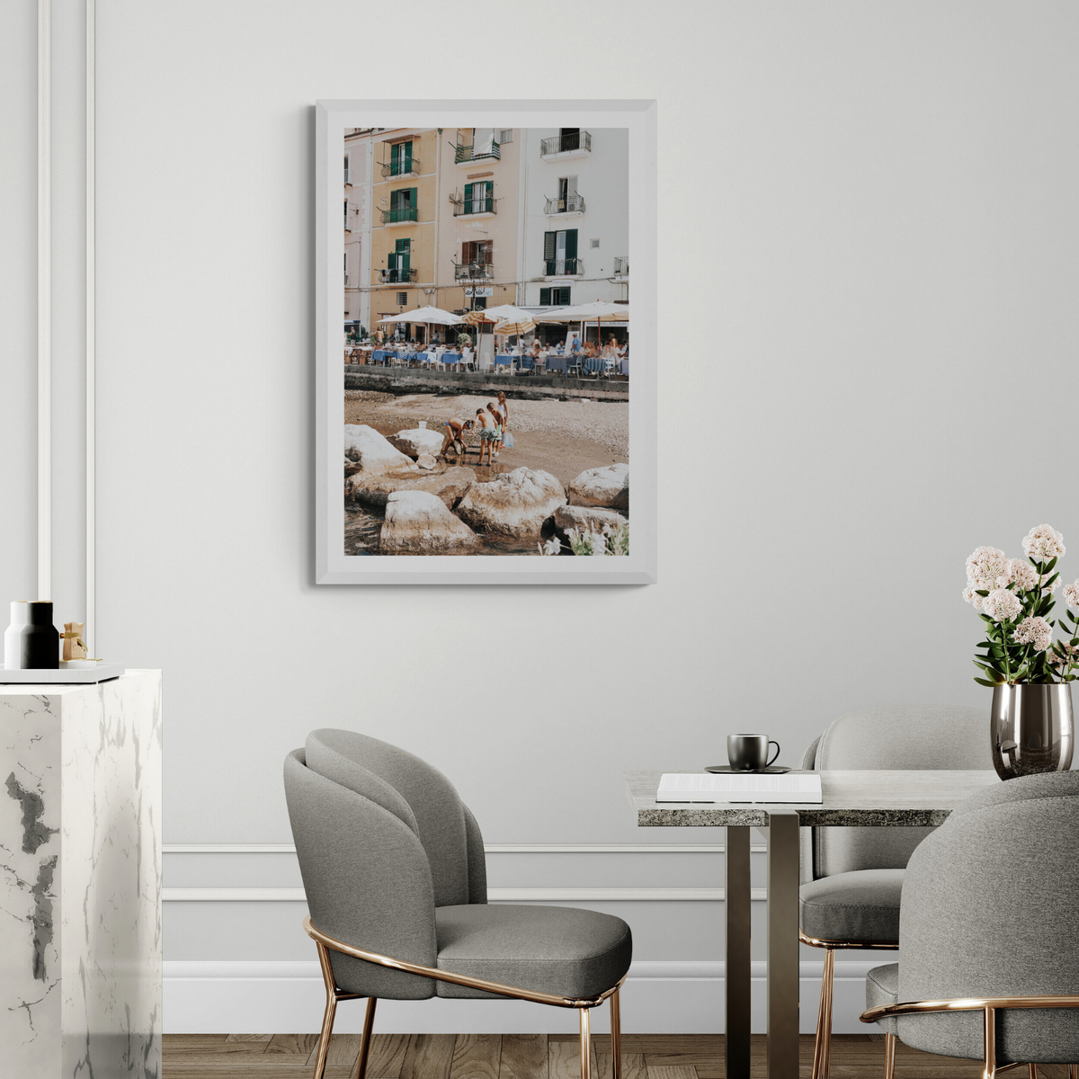 Sunny Playtime Sorrento coastal wall art framed print styled in a room view 3
