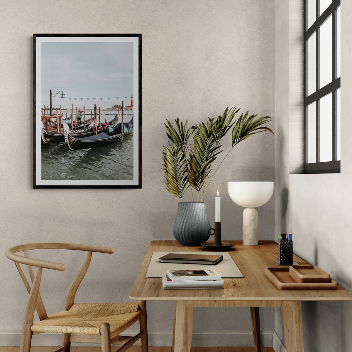 The Gondolier Venice Gondola Italian wall art framed print styled in a room view 3