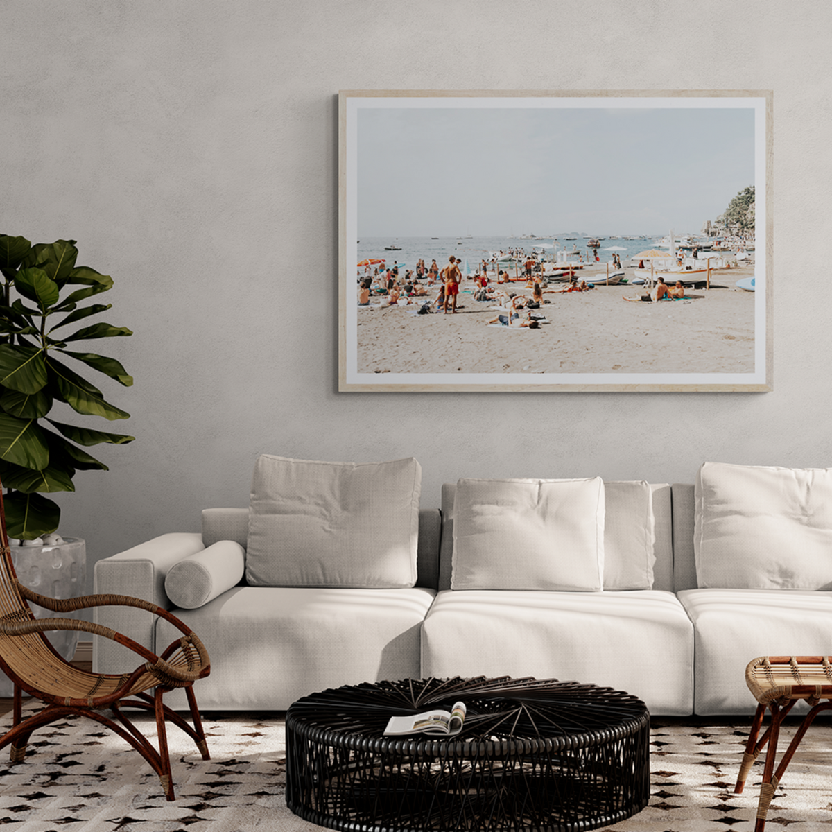 Beachy Vibes Positano wall art framed print styled in a room view 2