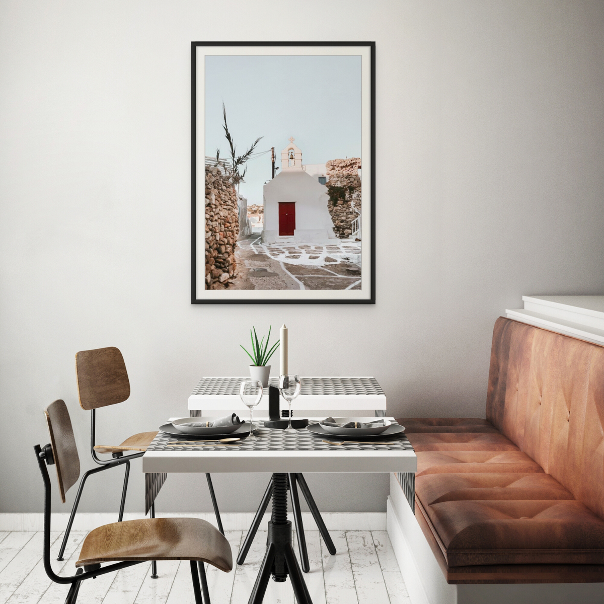 Little Chapel Mykonos Greek island wall art framed print styled in a room view 2