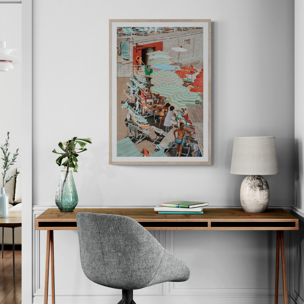 Colourful Canopy Capri Italian beach wall art framed print styled in a room view 2