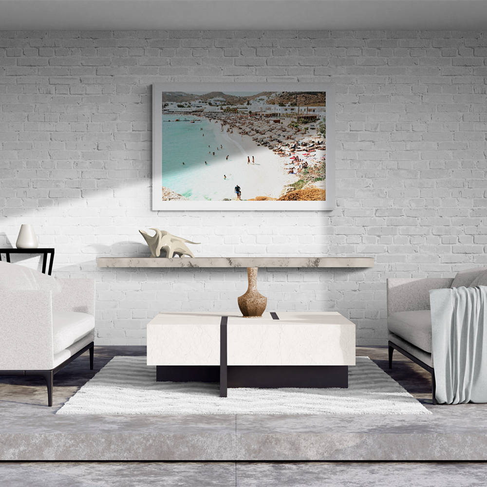 Aquaholic Mykonos Greek island wall art framed print styled in a room view 3